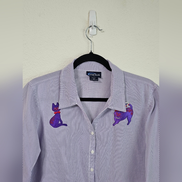 Las Olas Blouse Womens M Purple Cats Button Up 3/4 Sleeve Striped Shirt Top - Picture 6 of 10
